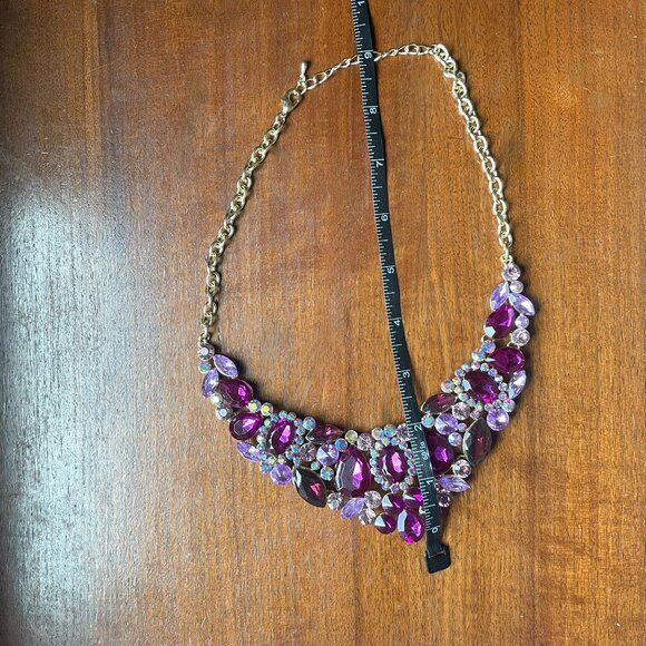 Purple Jeweled and Gold Tone Statement Necklace. - Picture 3 of 6